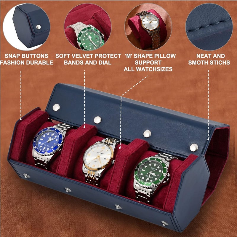 ROSELLE Luxury Leather Watch Roll Travel Case for Men and Women,Travel Watch Case Holds 3 Watches Storage & Display,Designed for steel watch bands &leather metal rubber and bracelets - Image 4